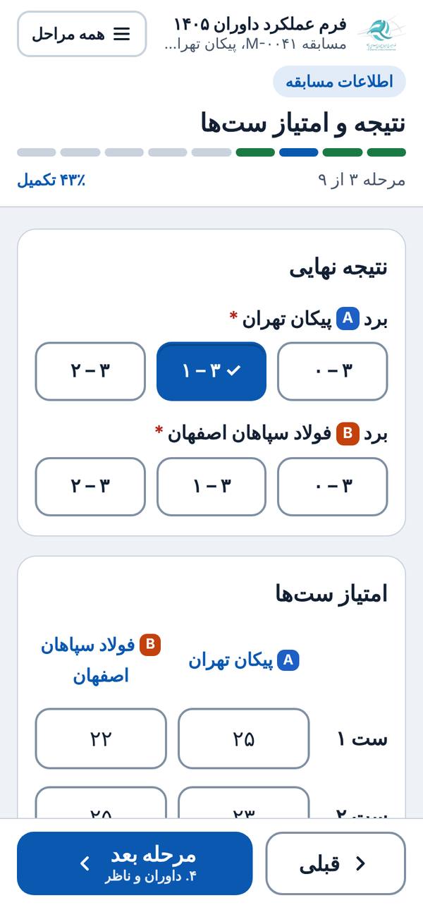 نتیجه و امتیاز ست‌ها